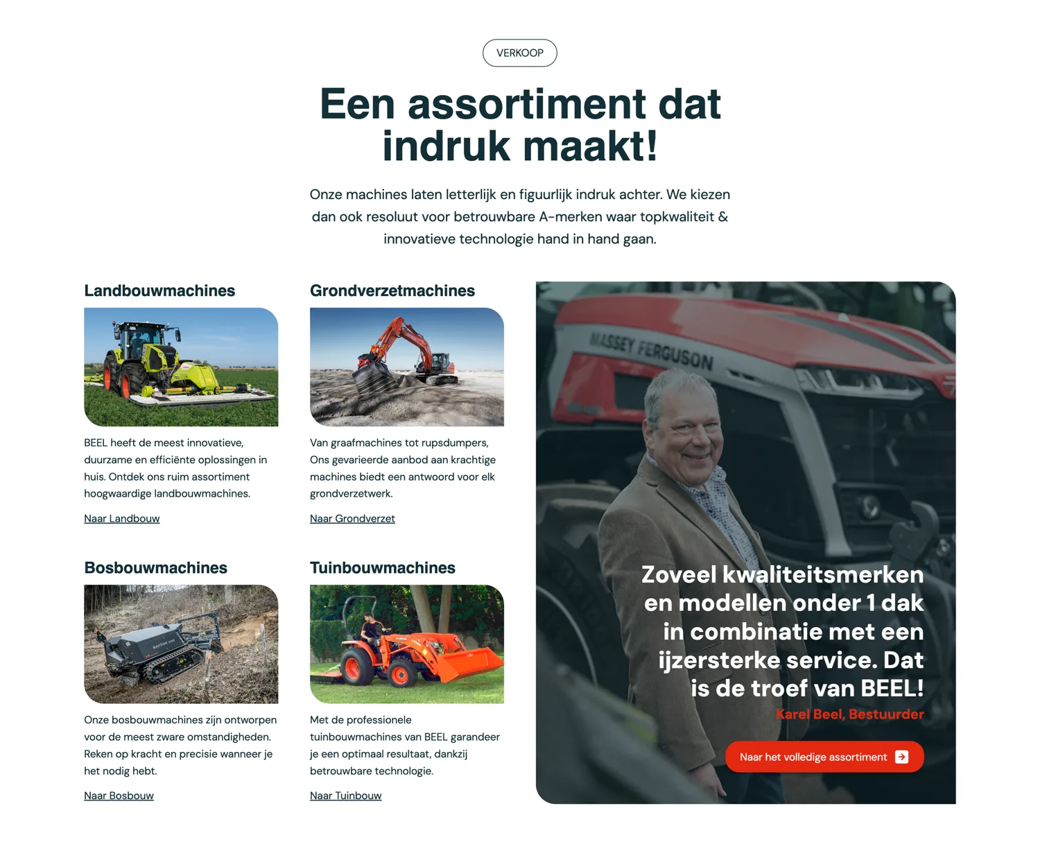 De Verkoop-sectie van firmabeel.be: 'Een assortiment dat indruk maakt!' boven de vier machinegroepen, naast Karel Beel bij een Massey Ferguson.
