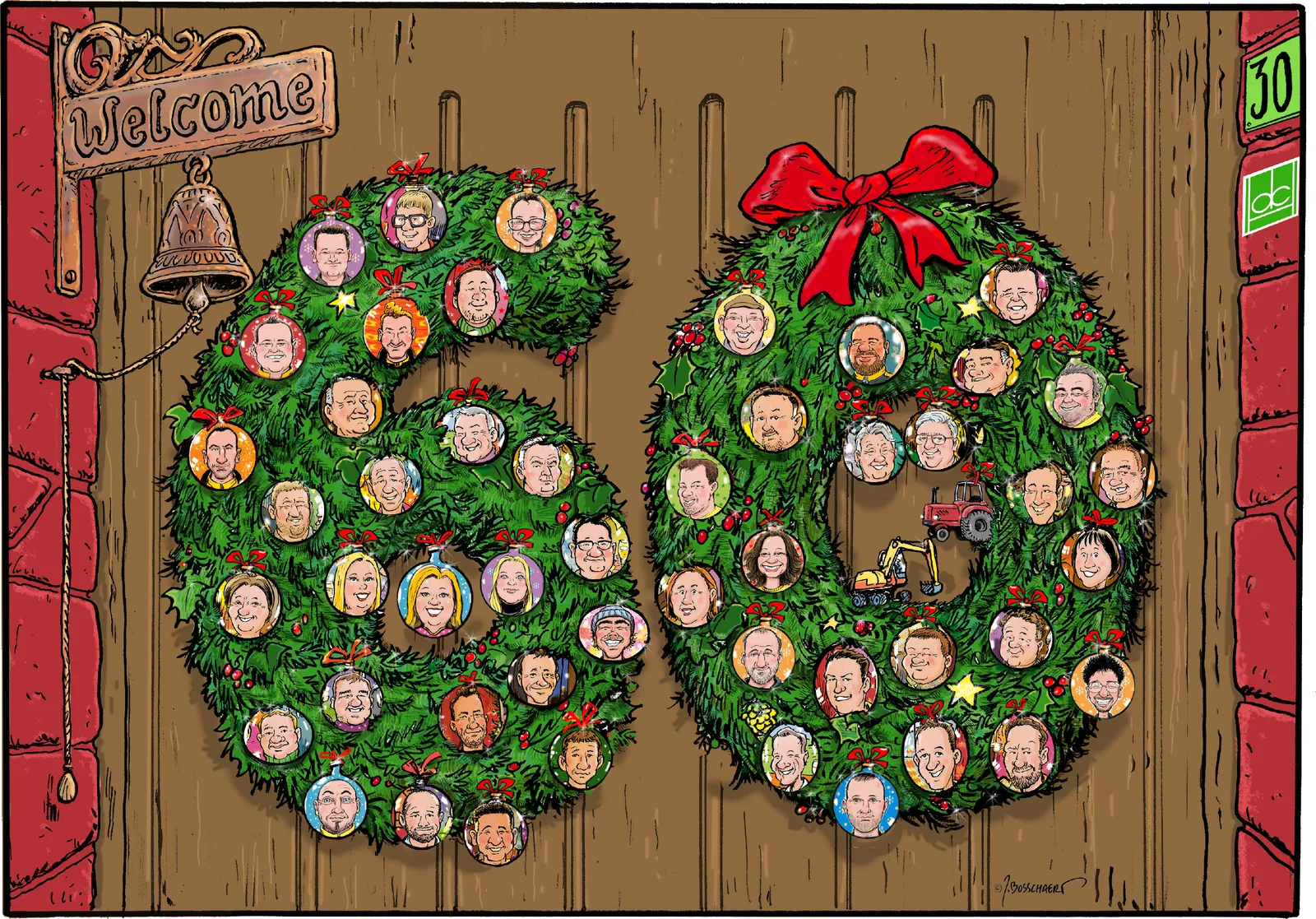 De eindejaarskaart 2025: een getekende 60 in kerstkransen op een houten poort, elke kerstbal een karikatuur van een collega, met een rode strik en 'Welcome' op een koperen bordje.