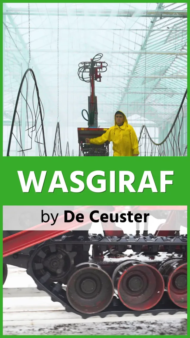 Eindkaart van de TikTok-video: de wasgiraf in de serre met de machinist in gele regenjas, daaronder 'WASGIRAF by De Ceuster' op groen boven de rupsbanden.