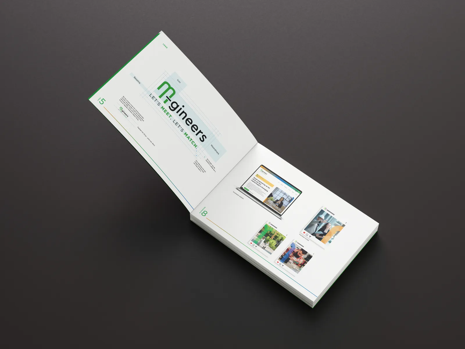 Het brandbook opengeslagen op de logo-opbouw: icoon, woordmerk en baseline op het raster, tegenover de website op een laptop en drie socialposts.