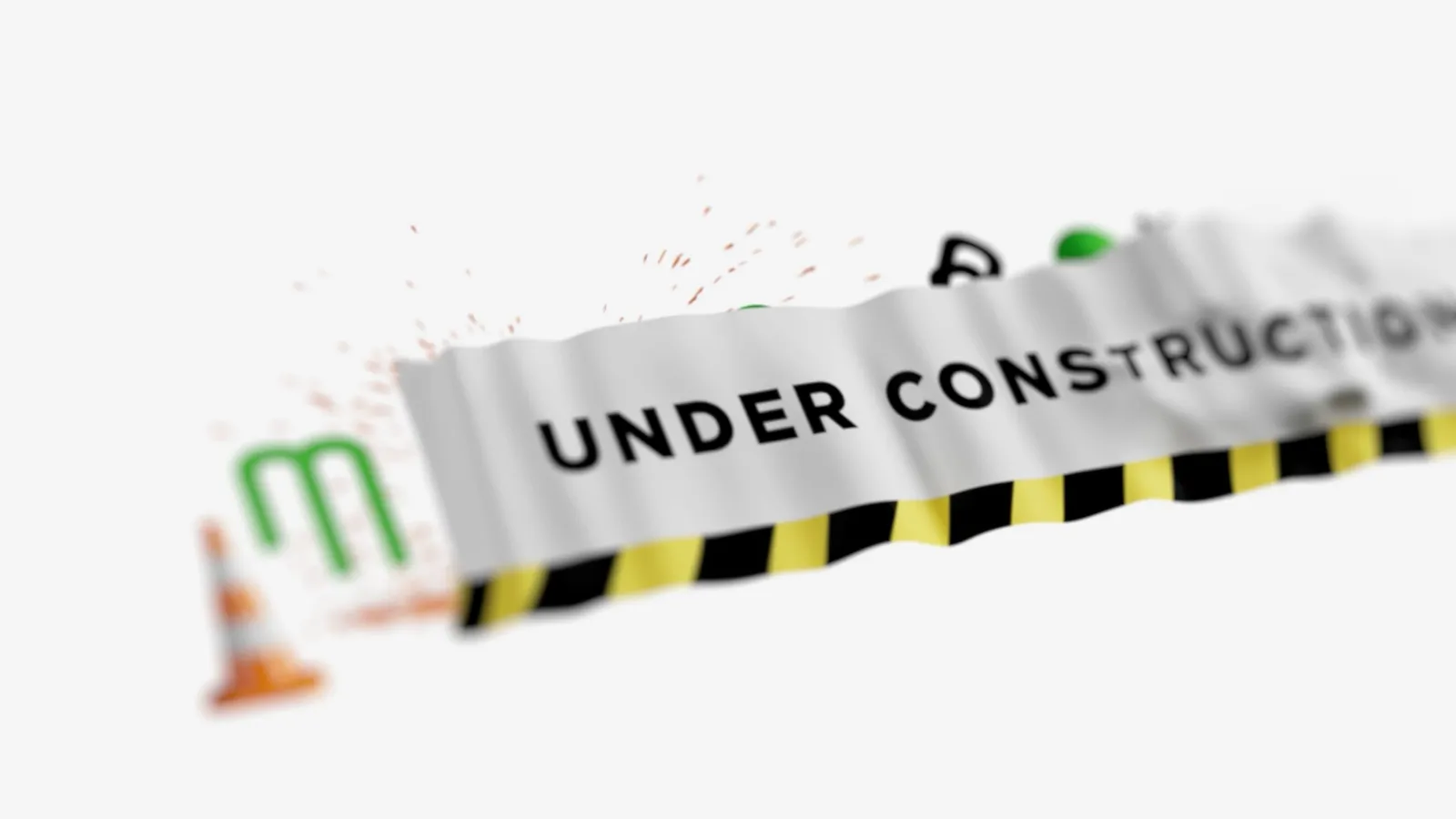Beeld uit de rebrandingteaser: het spandoek UNDER CONSTRUCTION met de gele werfstrook, de groene m van het nieuwe logo en een verkeerskegel ernaast.