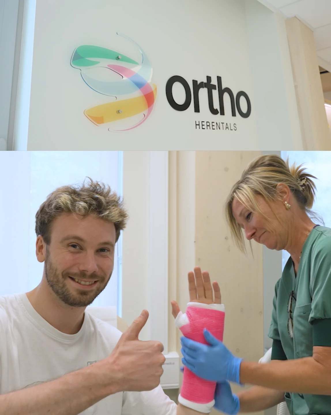 Socialpost: de signage in de gang boven een patient die duimt op tegen zijn verse gips.