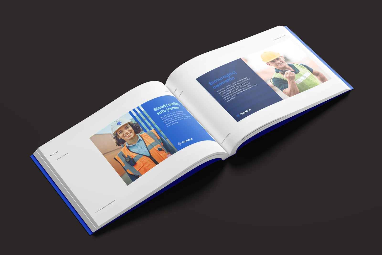 Opengeslagen brandbook: portretten van medewerkers in veiligheidshesjes naast de waarden Steady quality, safe journey en Encouraging ownership.