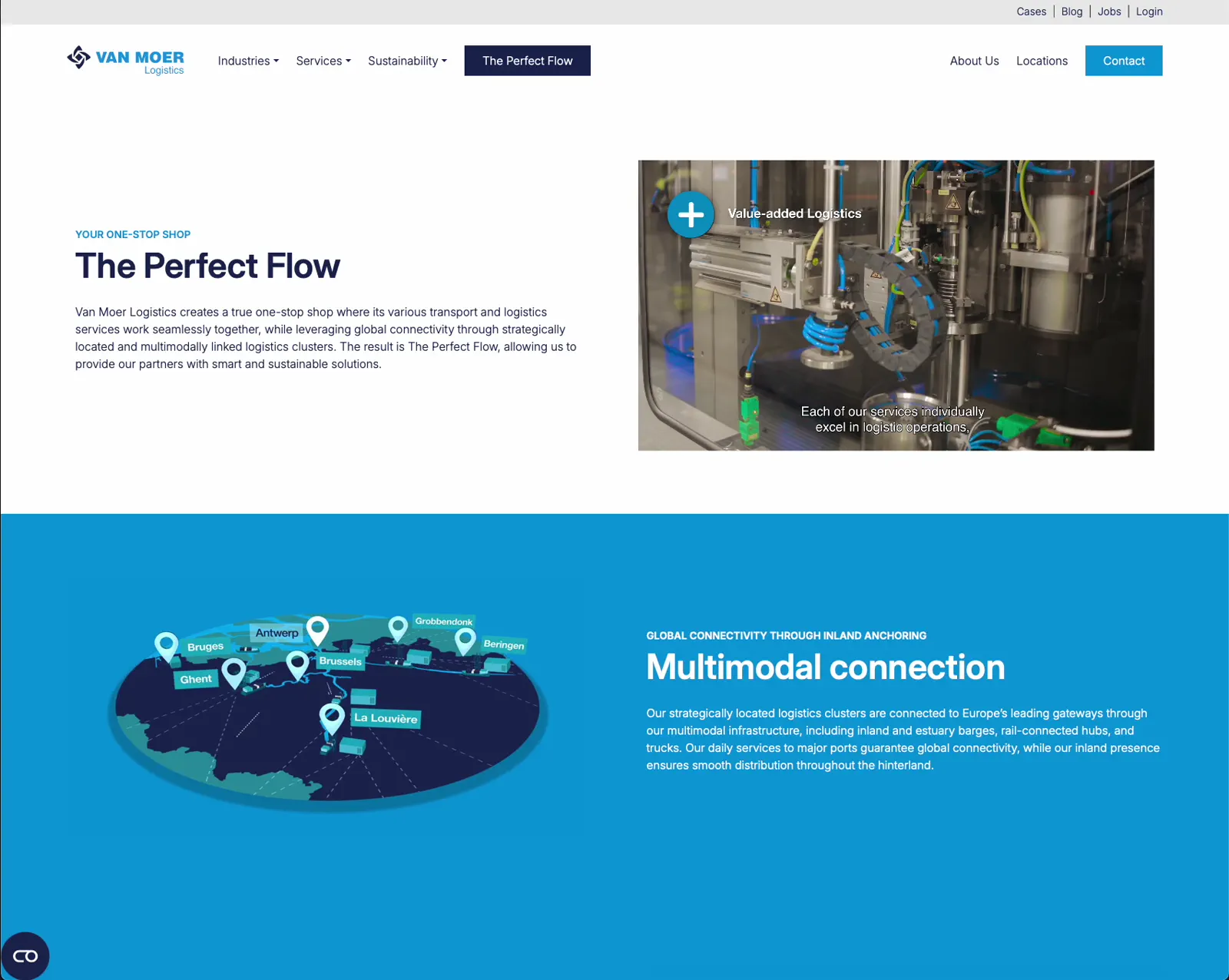 De pagina The Perfect Flow op vanmoerlogistics.com: de one-stop-shoptekst naast de vulmachine, met de multimodale kaart eronder.